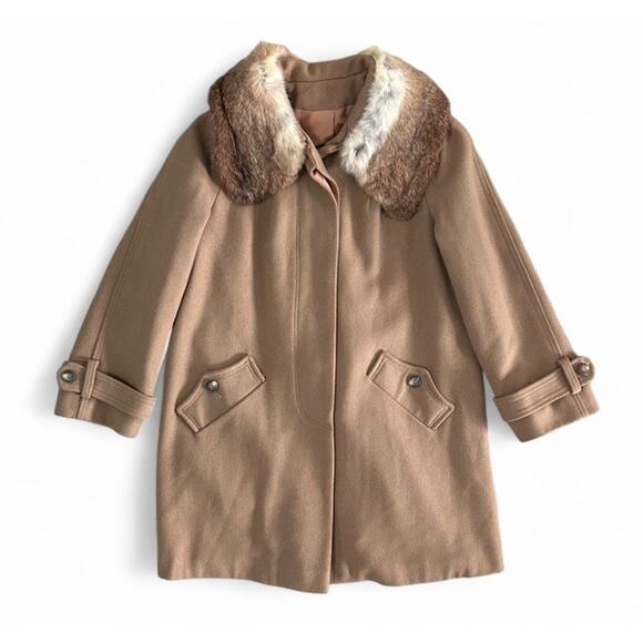 Vintage 70s Sears Women’s Tan Wool Peacoat Real Fur Collar Button Closure S/M - Picture 2 of 10